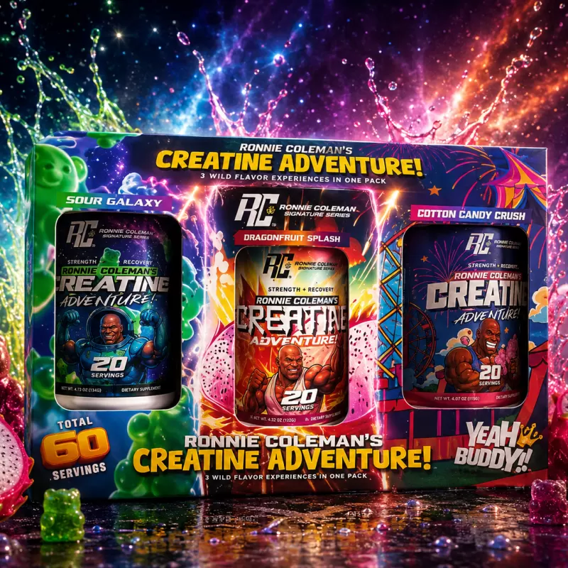 RONNIE COLEMAN CREATINA ADVENTURE SOUR GALAXY / DRAGONFRUIT SPLASH / COTTON CANDY CRUSH 60 SERVIDAS